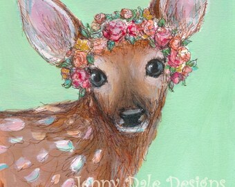 Fawn with Flower Crown Art Print: Peach, Gold, Mint, and Pink Baby Deer art print for girls room or nursery