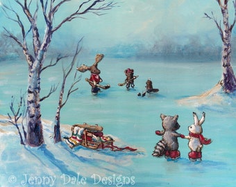 Woodland Forest Canadian Ice Skating Scene: Kids room and Nursery Decor art print, Hockey, sports, woodland nursery decor