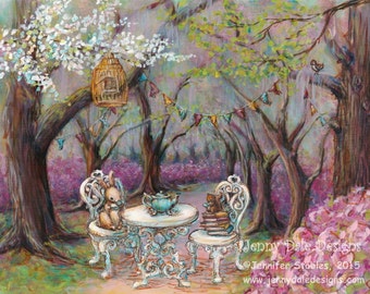 Woodland Forest Tea Party Art Print: Kids room and Nursery Decor art print, bunny and squirrel tea party, vintage inspired nursery decor