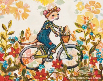 Wendy the Weasel Rides her Bike- Vintage Inspired Art Print- Whimsical Retro Bicycle Art Print