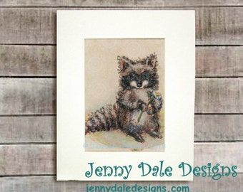 Sweet Raccoon Nursery Art painting, whimsical style; Woodland or Forest themed art print