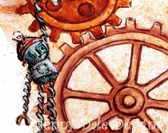 Steampunk Style Cute Robot with Gears- Springy arm robot; mustard, teal, and orange color; whimsical modern nursery decor art print