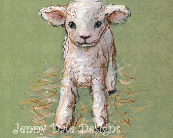 Sweet Little Lamb standing, Nursery Art, Vintage Inspired, Cute Sheep Art, Farm Theme Art: hand signed art print