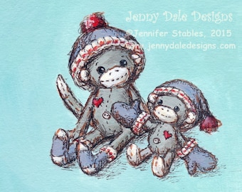 Sock Monkey Art, Nursery Art, Nursery Decor- Two Sock monkeys wearing mittens and socks: Hand Signed Art print