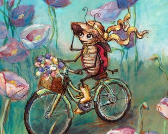 Ladybug on a Bicycle- Vintage Inspired Nursery art, Children's Wall Art, hand signed art print