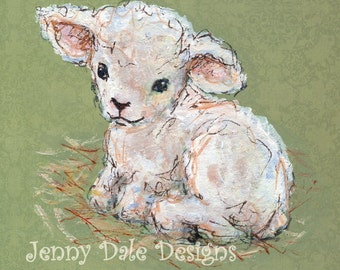 Sweet Little Lamb seated side view, Nursery Art, Vintage Inspired, Cute Sheep Art, Farm Theme Art: hand signed art print