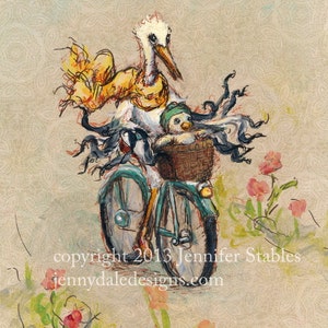 Whimsical Stork art Stork's day off Stork and Baby on a Bicycle hand signed art print image 2