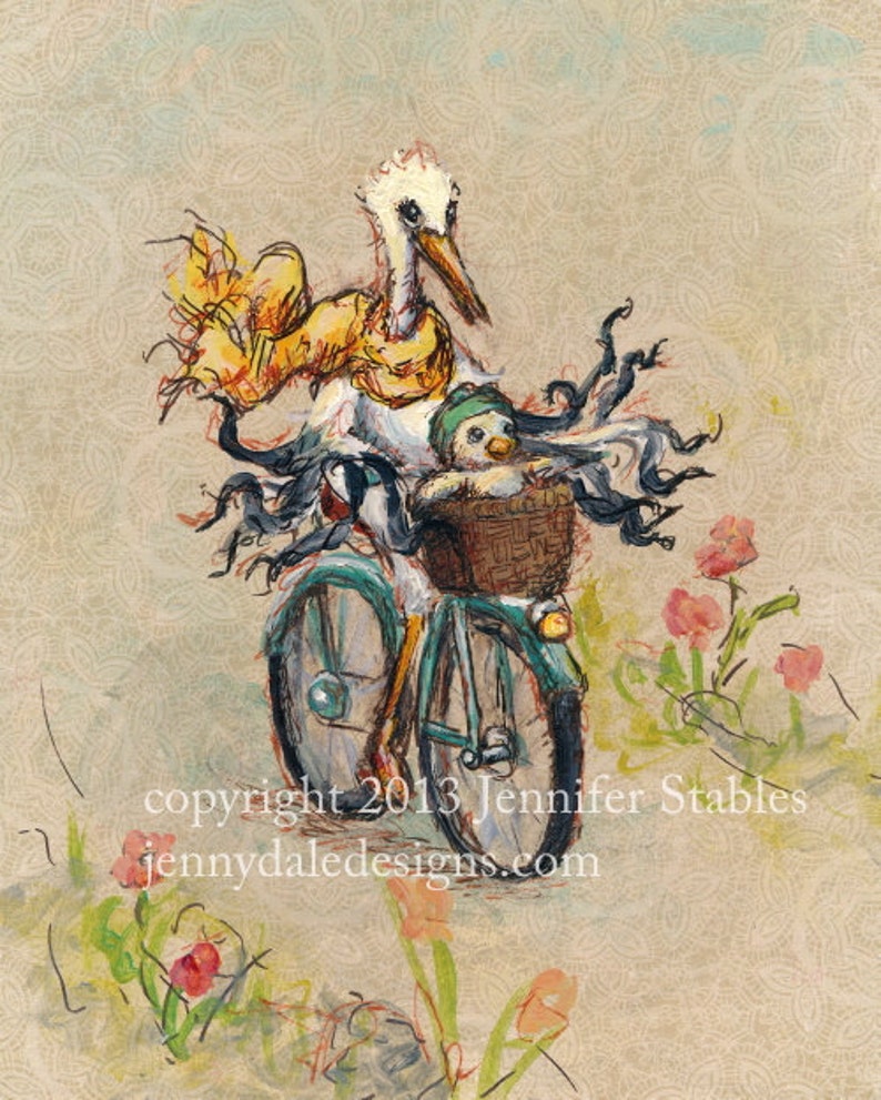 Whimsical Stork art Stork's day off Stork and Baby on a Bicycle hand signed art print image 2