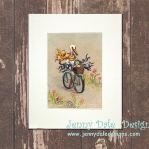 Whimsical Stork art Stork's day off Stork and Baby on a Bicycle hand signed art print image 1