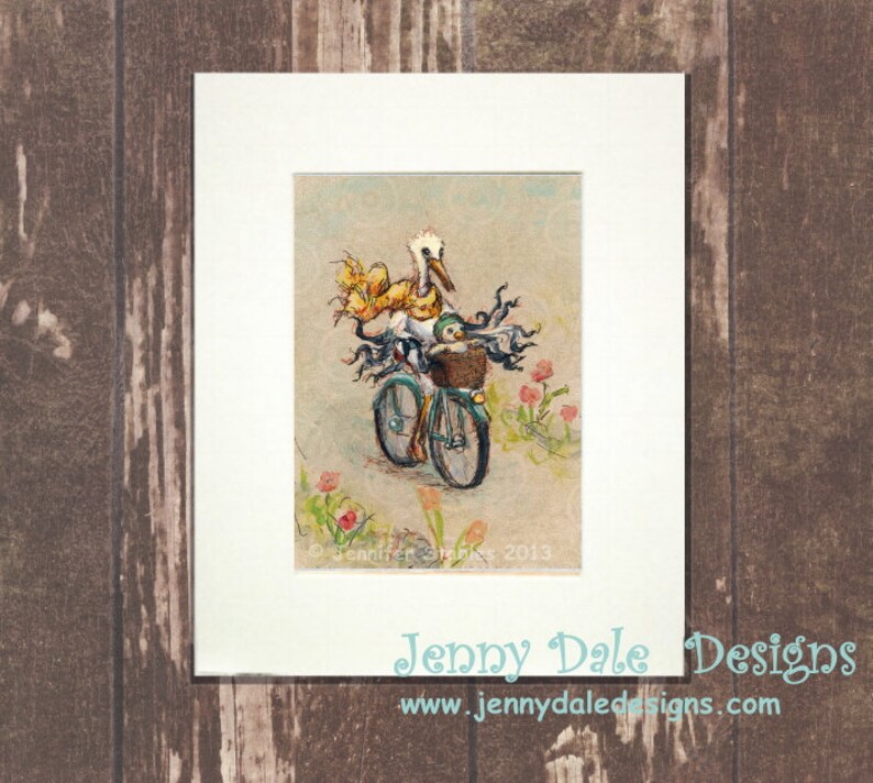 Whimsical Stork art Stork's day off Stork and Baby on a Bicycle hand signed art print image 1