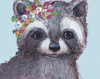 Raccoon with Flower Crown: Raccoon Nursery Art Print, Woodland Raccoon Art, Flower Princess Art Print for Girls