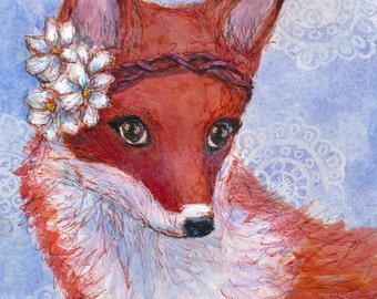 Canadian Red Fox- Vintage Inspired Vixen - hand signed fox art print of original painting, woodland theme decor, purple and white decor