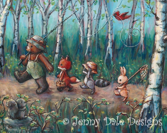 Woodland Nursery Decor. Kids Room Decor. Baby Forest Animals. Art Print.  Bear, Raccoon, Fox, Bunny, Squirrelfly Fishing Art 