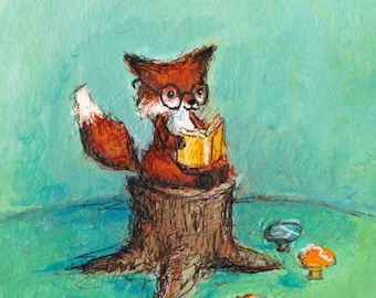 Fox Reading a Book, Cute Fox with Glasses, Fox Nursery Art: Art print with Poetry