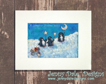 Cute penguin art, Nursery Art, Illustration- penguins, moon and stars print