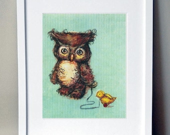 Cute Owl Art, Nursery Art, Vintage Style Children's Wall Art: Owl and Ducky- hand signed art print