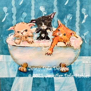 Three Cats in a Tub- Vintage Inspired Art Print- Whimsical Cat Art Print- Bathroom Art Print