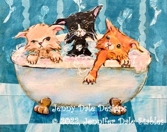 Three Cats in a Tub- Vintage Inspired Art Print- Whimsical Cat Art Print- Bathroom Art Print