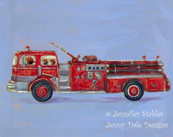 Vintage Fire Truck and Forest Animal Art Print
