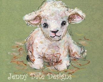 Sweet Little Lamb seated, Nursery Art, Vintage Inspired, Cute Sheep Art, Farm Theme Art: hand signed art print