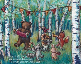 Woodland Nursery Decor. Kids room decor. Baby Forest Animals. Art print. bear, raccoon, fox, bunny, squirrel; music, vintage inspired decor