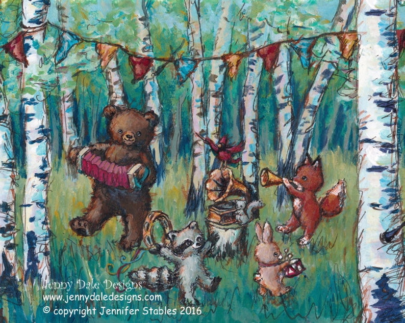 May include: A watercolour painting of a woodland scene with a bear playing an accordion, a fox playing a trumpet, a raccoon playing a tambourine, and a rabbit playing a drum. The animals are surrounded by birch trees and colourful bunting.