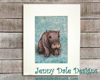 Nursery Art Little Hippo- cute hippo art with blue-green background- hand signed art print