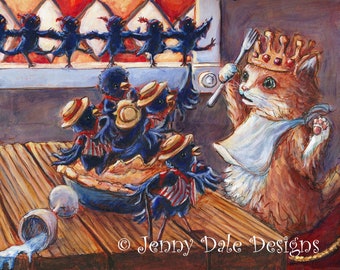 Nursery Rhyme Decor. Sing a Song of Sixpence. Cat art. blackbirds. Bedtime stories. Kids room decor. Four and Twenty. Art print.