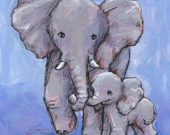 Elephant mom and baby Nursery Decor. Kids room decor. Baby Animals. Art print.