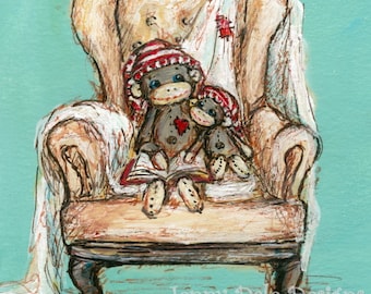 Sock Monkey Art, Nursery Art, Nursery Decor- "Cozy Chair" Two Sock monkeys Reading: Art print