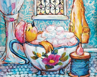 Bird Bath- Whimsical Vintage Teacup and Bird Art Print- Bathroom Wall Art