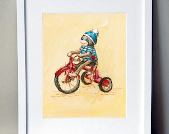 Sock Monkey Art, Nursery Art, Nursery Decor-   Sock monkey on a tricycle: hand signed art print