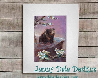 Baby Bear and Pear Blossoms with purple sky: hand signed art print with poetry