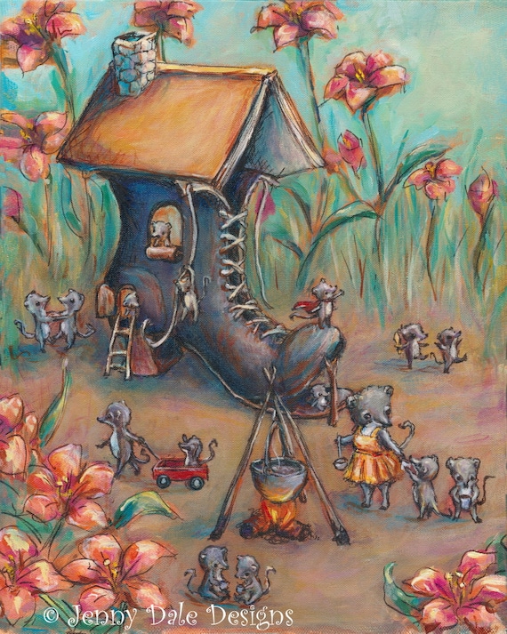 Shrew art Print. Nursery Rhyme Decor. Old Woman Who lived in a Shoe.  Bedtime stories. Kids room decor. Baby Forest Animals. Art print.