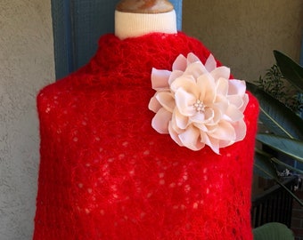 Red  mohair shawl, hand  knitted lace red mohair scarf, wedding, Christmas, birthday, winter Ready to ship