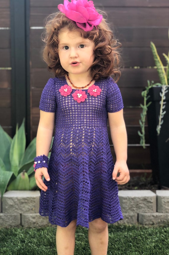 Purple Crochet Girl Dress 2 4 Years With Wristlet. Easter Dress