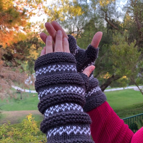 Hat- beanie and long fingerless gloves/ charcoal brown with white ornaments and pom buy pom/hand knitted/ gift