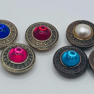 Button covers set of 6 , vintage,  vintage look,  gold tone metal, buttons with faux crystals and faux pearls