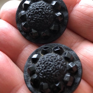 Buttons ,vintage, black plastic with ornament, set of  two