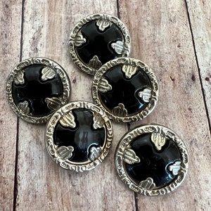Buttons ,vintage, black  with gold tone pattern, set of five