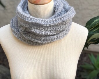 Infinity grey scarf, hand knitted mohair with silk and wool infinity cowl scarf ,winter fashion, bolo cowl, unisex scarf, Holliday gift