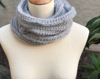 Infinity grey scarf, hand knitted mohair with silk and wool infinity cowl scarf ,winter fashion, bolo cowl, unisex scarf  Ready to ship