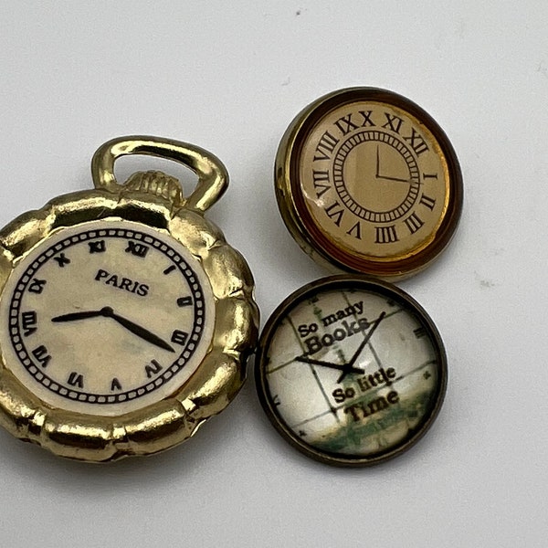 Button cover and buttons, vintage clock pattern buttons, set of three