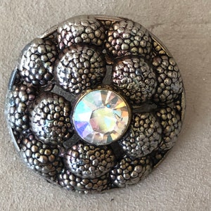 Vintage button old, silver tone metal with large clear crystal collectible