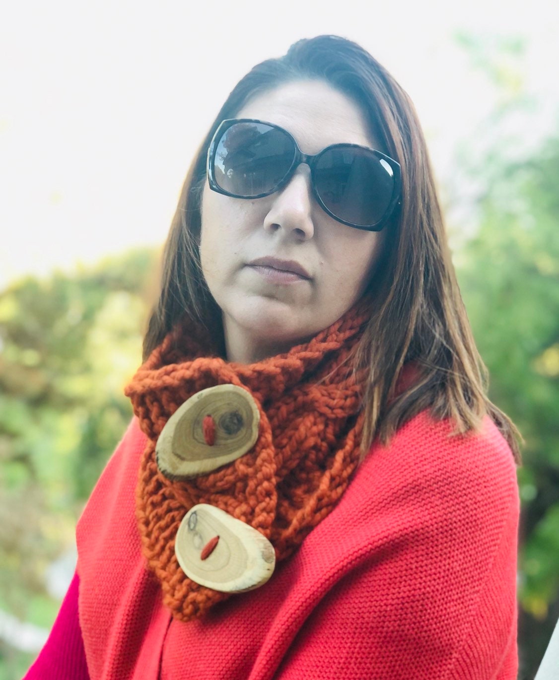 Foulard Femme Tricoté Main Orange Vif - Style Volants - Laine Acrylique - Fait Au Royaume-Uni