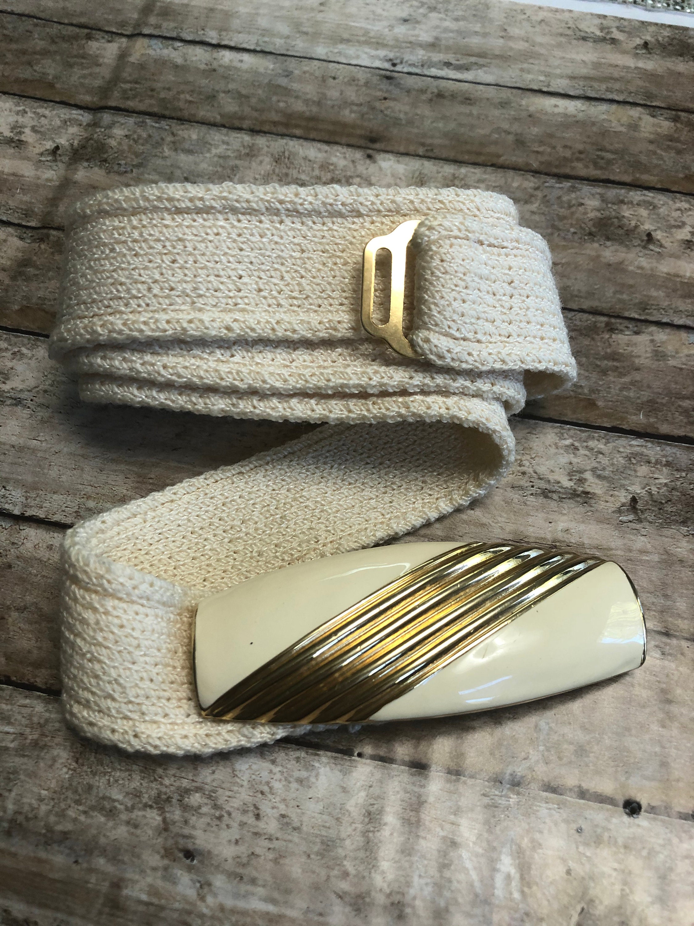 Vintage Enamel Belt Buckles for St. John Knits Vintage St. John Ladies Belt Buckle With Knitted Belt.cream  main image 4