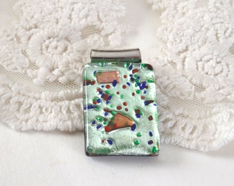 1-  90's Dichroic Glass Pendant Multi Colored Specks Light Blue Silver Bail Rectangle Dotted Charm Inv0243