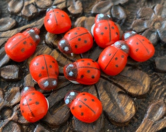 10 Miniature Lady Bug Cabochons With Adhesive Backing