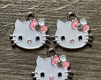 3- Painted Enamel Cat Face Kitty Charms Silver Rhinestone