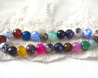 25- Agate Gemstone Beads Strand of Faceted Round multi colored glass faceted Gem Stone Beads Diy Jewelry Making Supplies Inv0024
